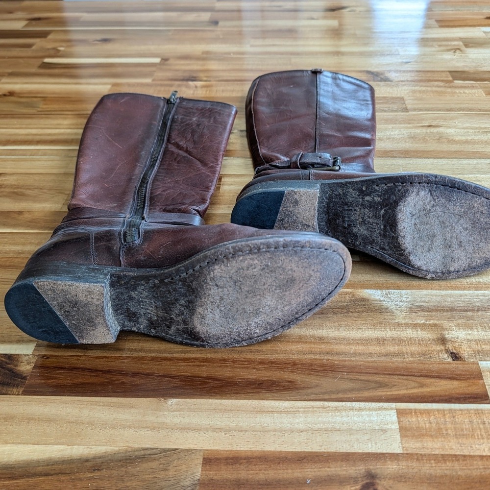 Frye Tall Leather Boots Brown‎ Moto Equestrian Buckle Zip Size 5.5 - Picture 9 of 11